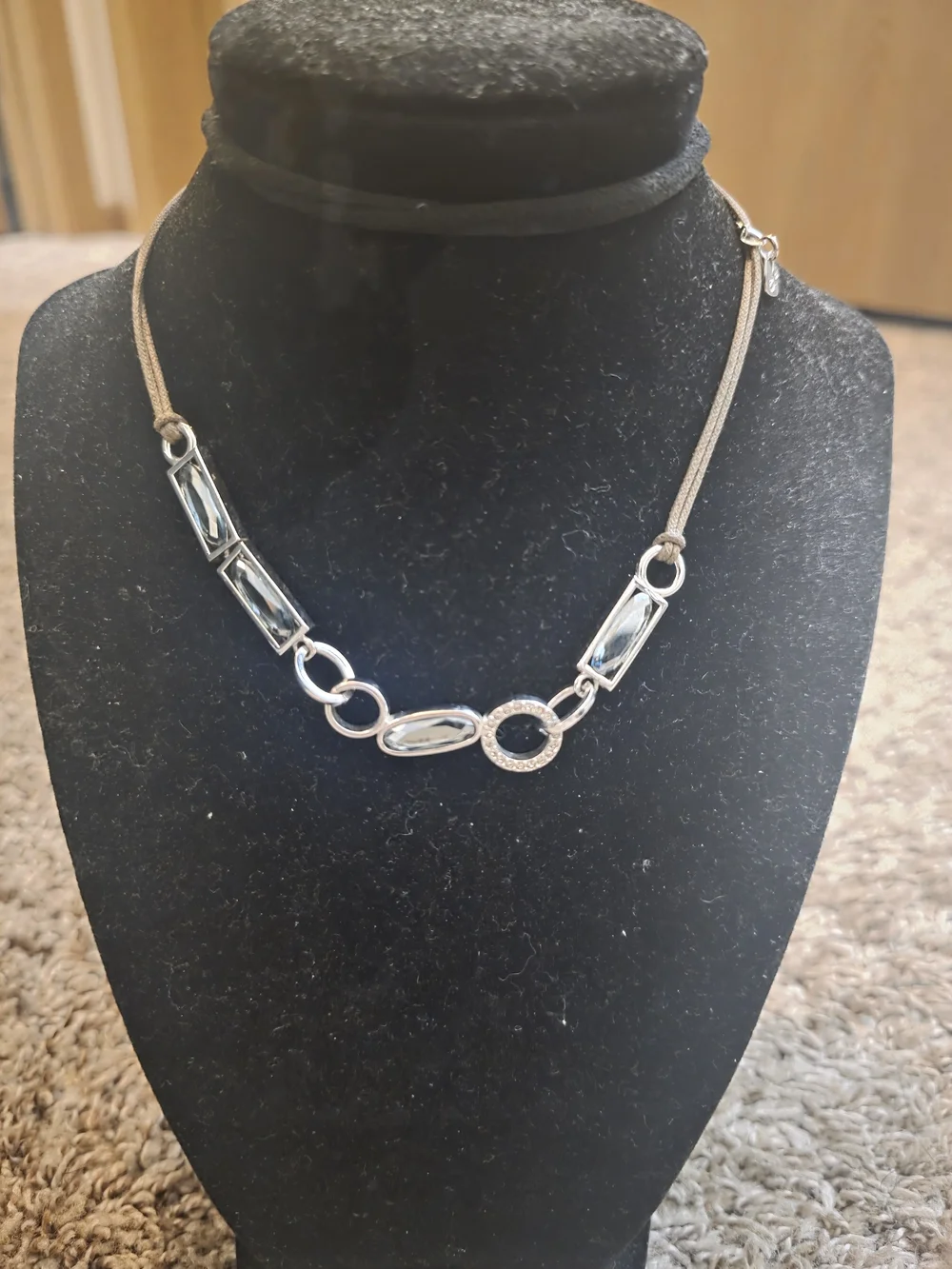 Silver & Blue Crystal Necklace with Brown Cord - Picture 4 of 5